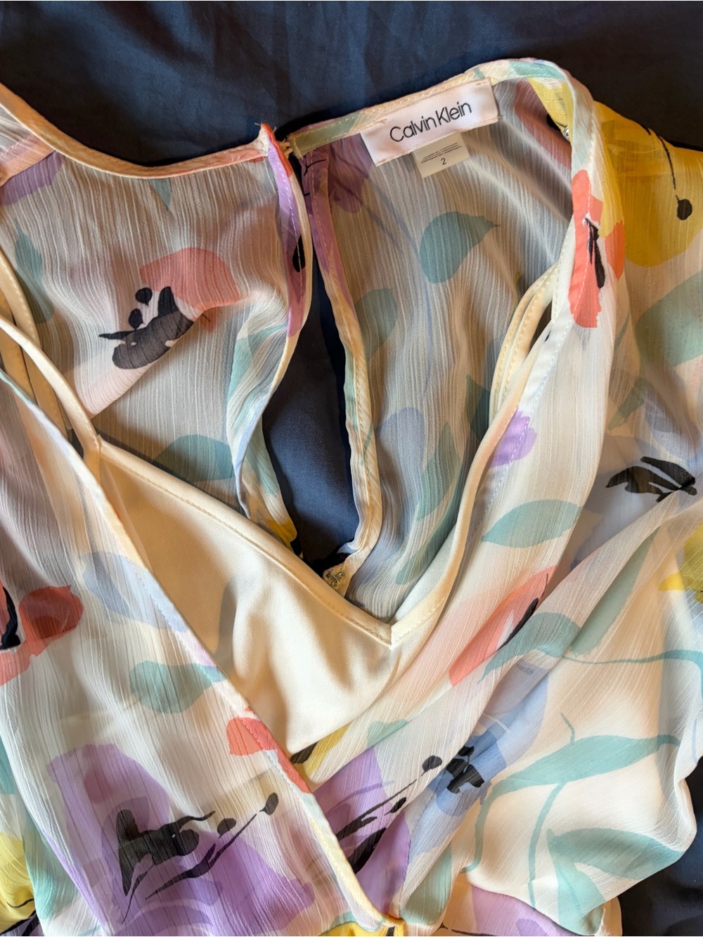 Calvin Klein Pastel Floral V-Neck Long Sleeve Dress - Picture 4 of 4